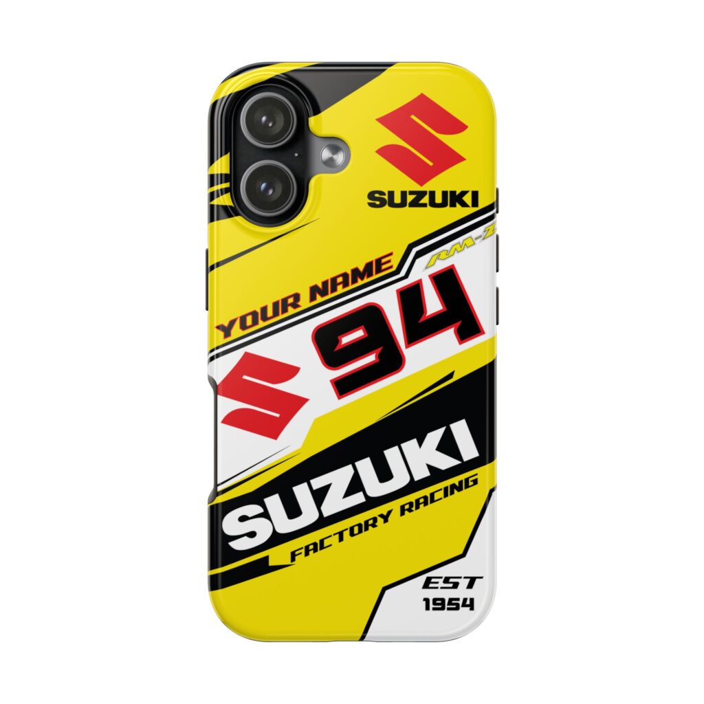 Custom preview of Suzuki Factory Racing Motocross Custom Tough Phone Case with personalized name and number